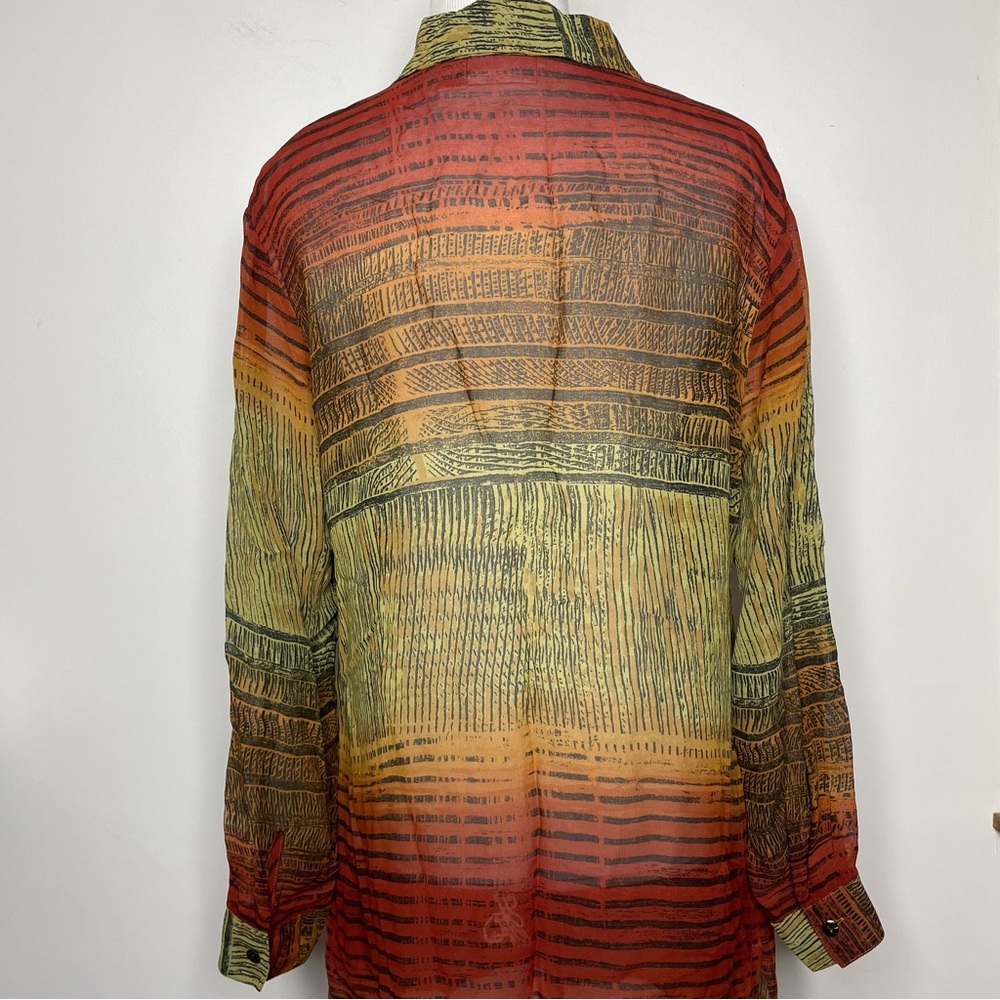 Chico's Design Sheer Long Sleeve Blouse Tunic Rayon Burnt Orange Tribal Print - Picture 6 of 16